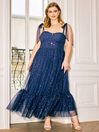 Mesh Star Pattern Knotted Ruffle Maxi Dress Curve & Plus