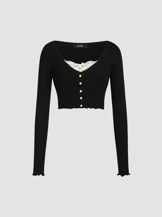 Rosette Lace V-neck Long Sleeve Top
