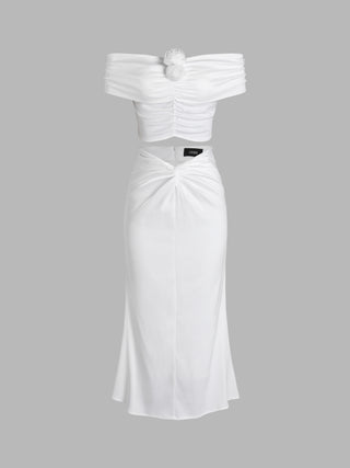 Rosette Off-shoulder Crop Top & V Waist Twist Maxi Skirt Set