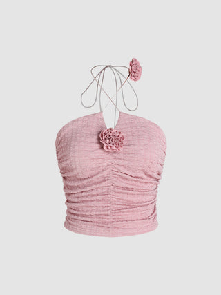 Rosette Shirred Halter Crop Cami Top