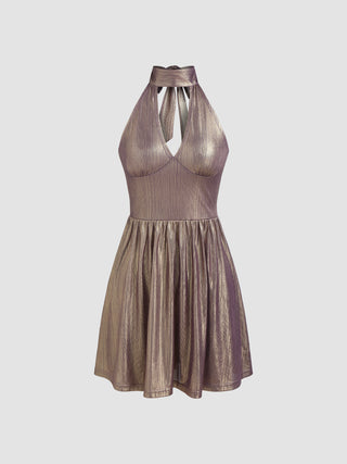 Metallic V-neck Halter Knit Midi Dress