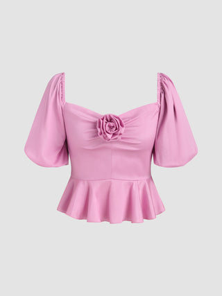 Rosette Ruffle Hem Puff Sleeve Blouse