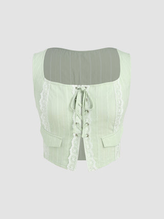 Jacquard Lace Up Lace Trim Tank Top