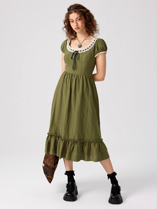 Jacquard Lace Trim Knotted Ruffle Midi Dress