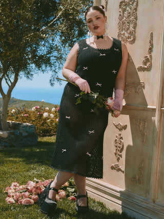 Knit Bow Decor Crochet Sleeveless Midi Dress Curve & Plus