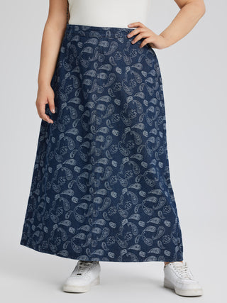 Paisley Pattern Slit Denim Maxi Skirt Curve & Plus