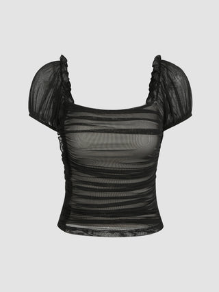 Mesh Square Neck Ruched Short Sleeve Top