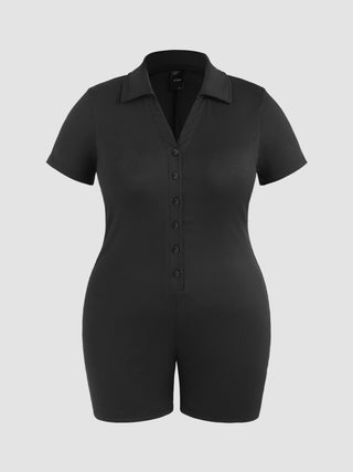 Rib Button Up Solid Romper Curve & Plus