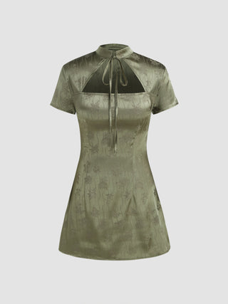 Jacquard Stand Collar Floral Knotted Mini Dress