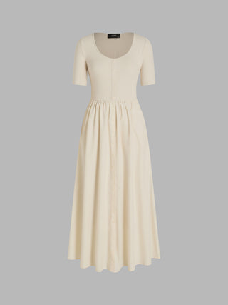 Round Neckline Ruffle Button Maxi Dress