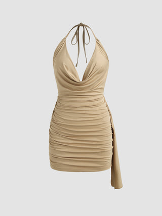 Knit Backless Ruffle Hem Ruched Mini Dress