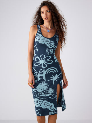 Knit Floral Split Midi Dress
