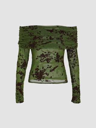 Off-shoulder Floral Ruched Long Sleeve Top