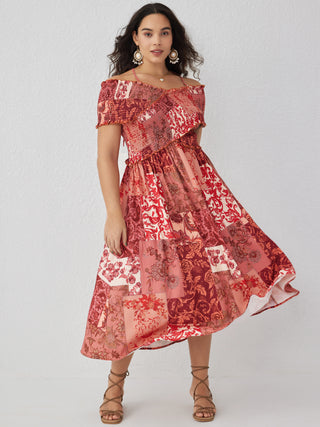 Island Hopper Red Patchwork Midi Dress Curve & Plus