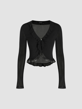 Mesh V-neck Ruffle Hem Long Sleeve Top