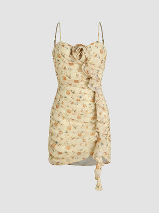 Rosette Ruffle Hem Ruched Mini Dress