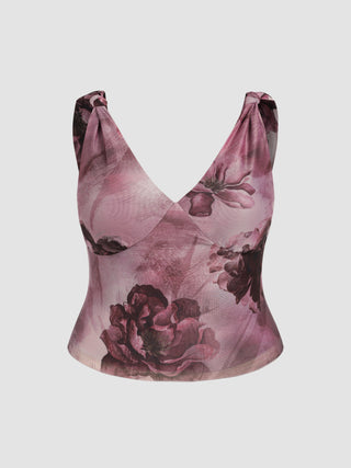 Mesh V-neck Floral Sleeveless Crop Top Curve & Plus