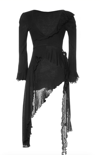 Jersey V-neck Solid Ruffle Hem Long Sleeve Tee
