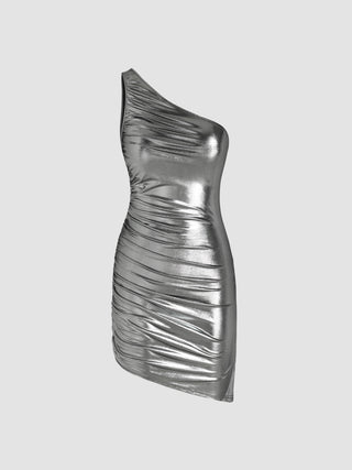 Metallic Asymmetrical Neck Ruched Mini Dress