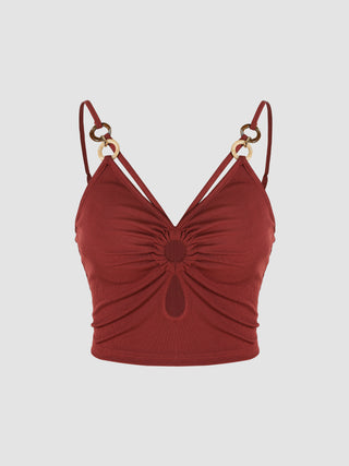 Knit Fabric V-neck Hollow Out Solid Ruched Crop Top