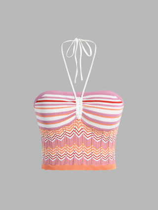 Knit Chevron Striped Drawstring Halter Tank Top