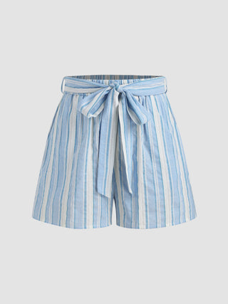 High Waist Striped Belted Wide Leg Shorts