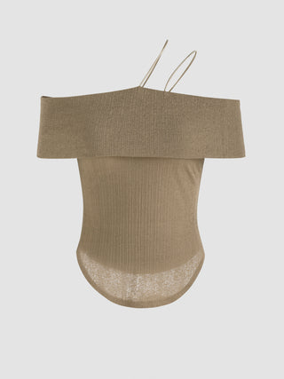 Off-shoulder Contrast Mesh Short Sleeve Top