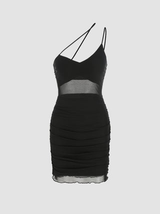 Mesh Sheer Asymmetrical Neck Ruffle Mini Dress
