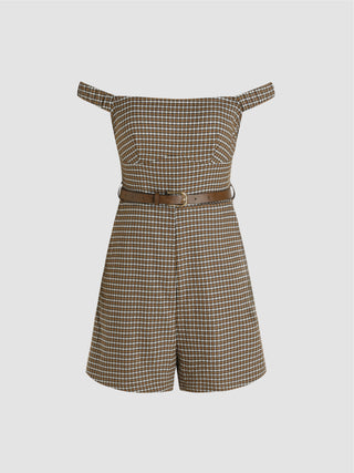 Off-shoulder Belted Check Zipper Romper