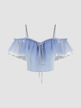 Mesh Ruffle Off-shoulder Short Sleeve Crop Blouse