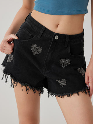 Rhinestone Heart Ripped Denim Shorts