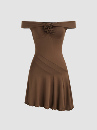 Off-shoulder Flower Solid Pleated Mini Dress