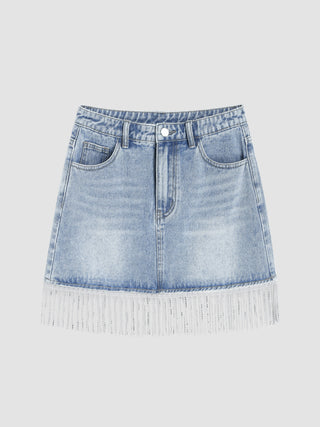 High Waist Solid Tassel Denim Mini Skirt
