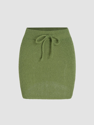 Mid Waist Solid Tie Front Knitted Mini Skirt
