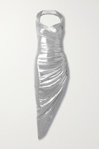 Metallic Halter Neck Asymmetrical Ruched Dress