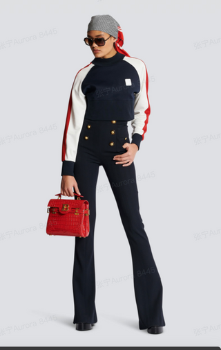 Jersey High Waist Solid Button Flared Trousers