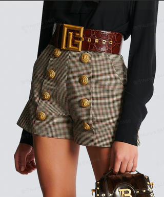 Houndstooth Button High Waist Shorts