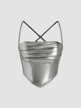 Metallic Ruched Backless Corset Crop Top