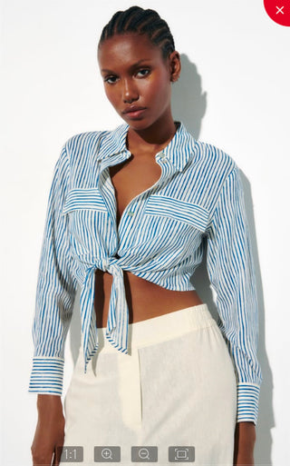 Polo Striped Knotted Button Long Sleeve Blouse