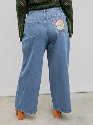 Mid Waist Sun Print Wide Leg Trousers Jeans Curve & Plus