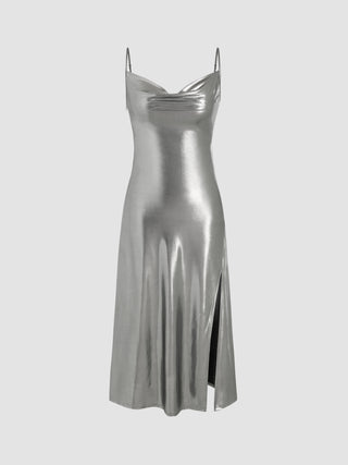 Metallic Cowl Neck Split Midi Dress