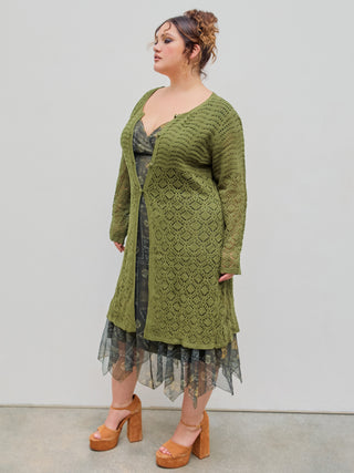 Round Neckline Hollow Out Long Cardigan Curve & Plus