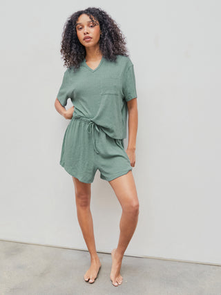 Rib Solid Pocket Short Sleeve Crop Top & Ruffle Shorts Lounge Set