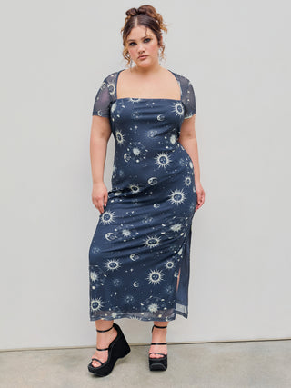 Mesh Square Neck Star & Moon  Maxi Dress Curve & Plus