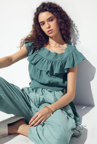 Round Neckline Ruffle Eyelet Bowknot Crop Short Sleeve Top