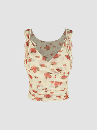 Mesh Sweetheart Floral Ruched Crop Tank Top