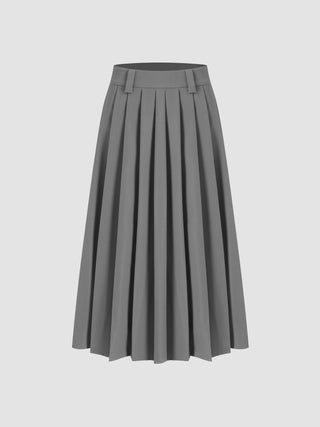 Mid Waist Solid Pleated Maxi Skirt