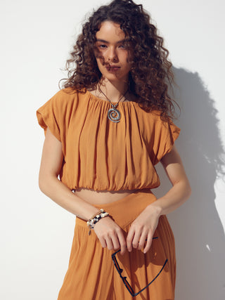 Round Neckline Ruffle Tie Back Crop Top