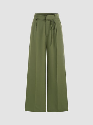 Mid Waist Solid Button Wide Leg Trousers