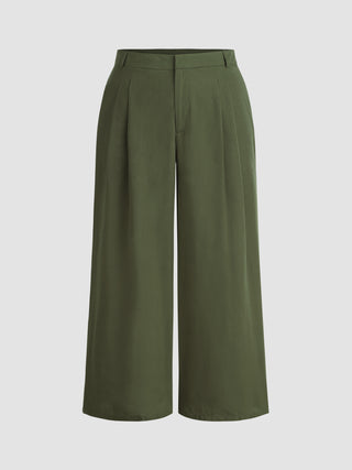 Mid Waist Solid Wide Leg Pleated Trousers Curve & Plus